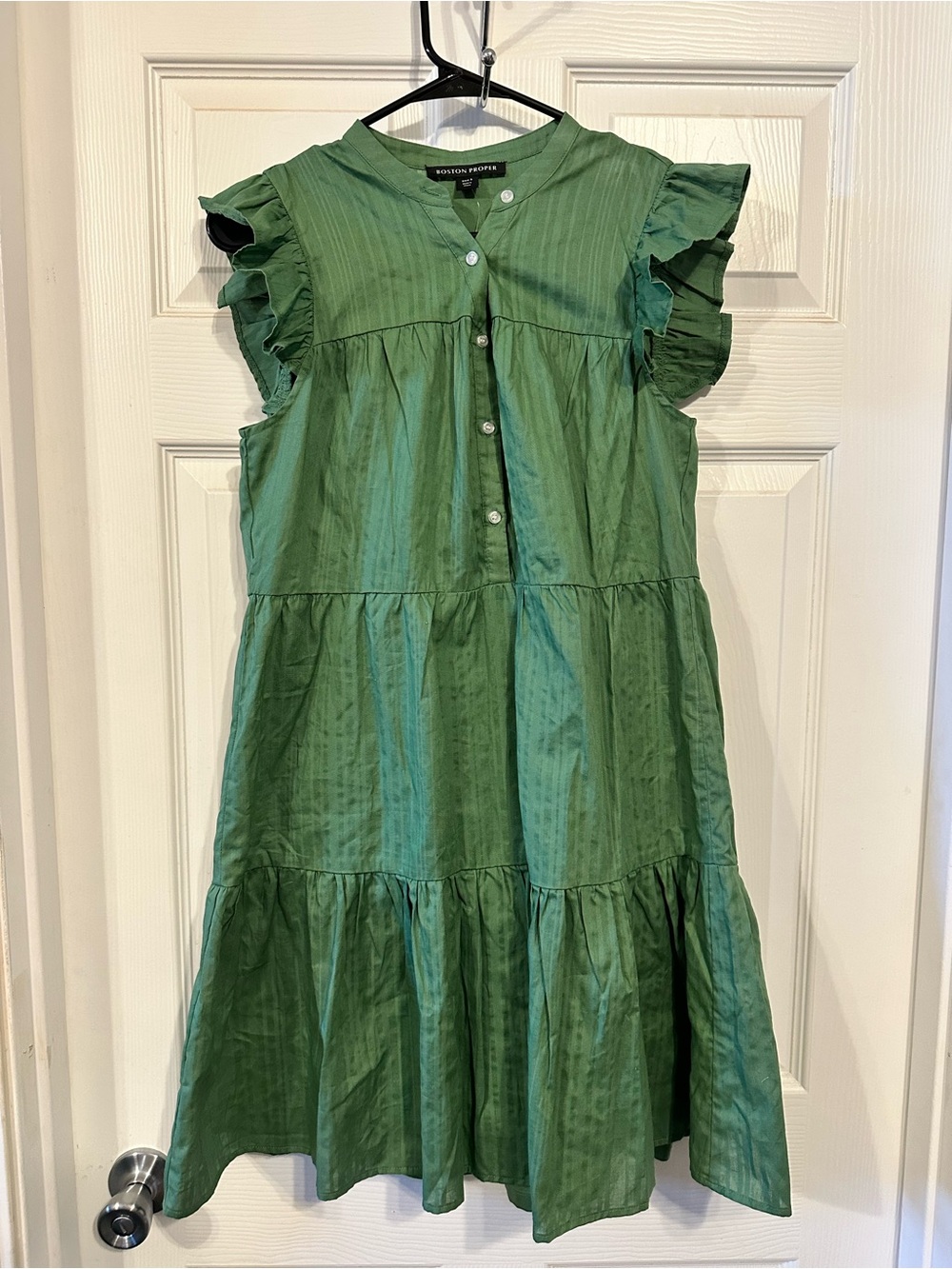 Boston Proper Green Ruffle-Sleeve Tiered Midi Dress